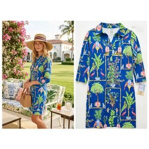 Kenny Dana Tropical Safari Sun Dress Womens XS Blue Flamingo Tiger UPF 50 NWT